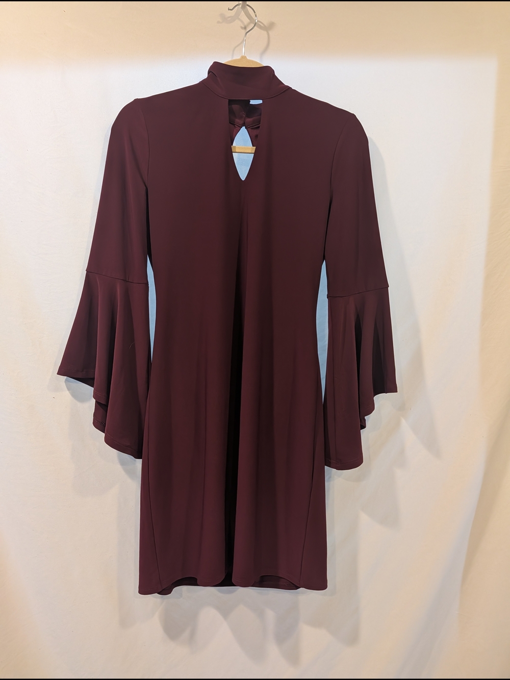 White House Black Market Wine Bell-Sleeve Shift Dress mock neck cut out sexy